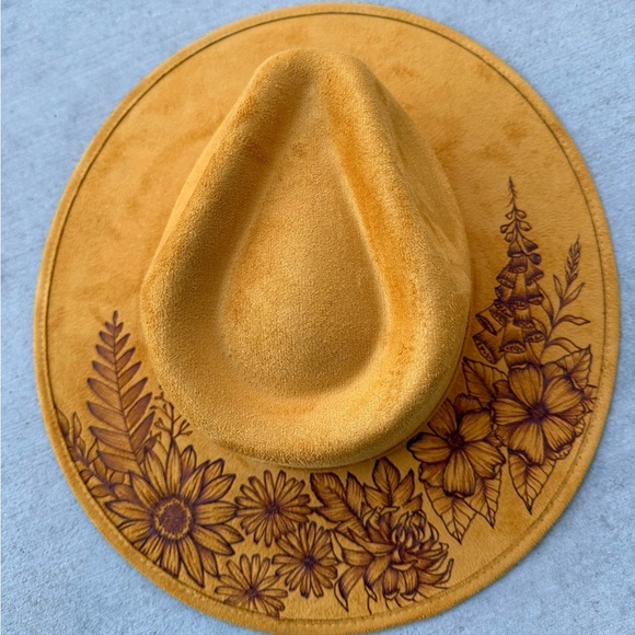 Floral burned mustard yellow wide brim rancher hat western cowboy hat